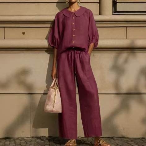 Fashionable Collar Shirt And Wide-Leg Pants Linen Two-Piece Set - Image 7