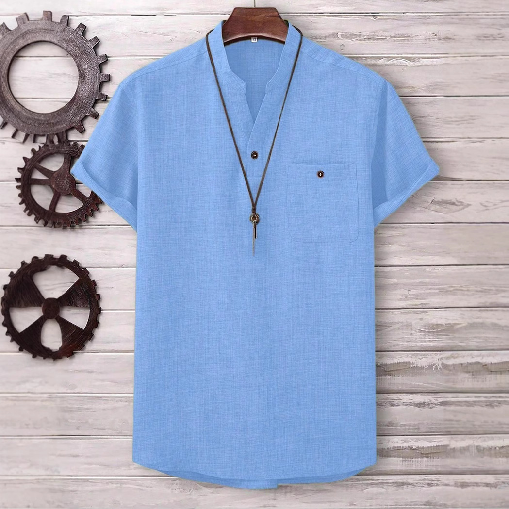 Mens Casual Short-sleeve Solid-color Shirt With A Turn-down Collar - Image 1