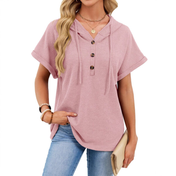 Womens Waffle-Weave Hooded Drawstring Short-Sleeve Top With Buttons - Image 8