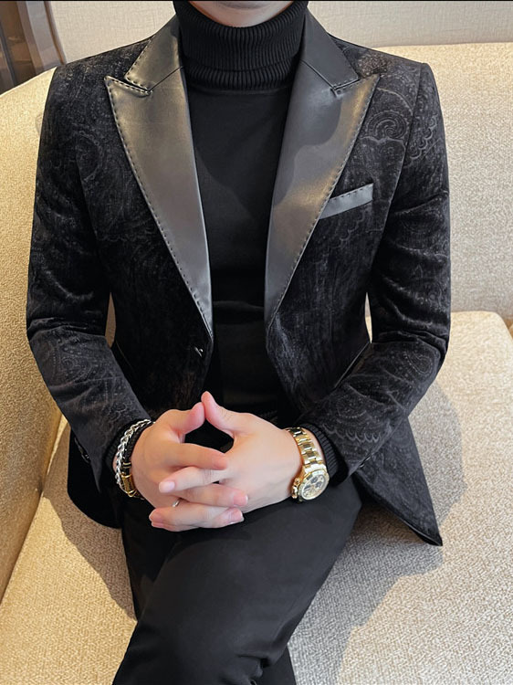 Jacquard Velvet Leather Lapel Men's Blazer - Image 7