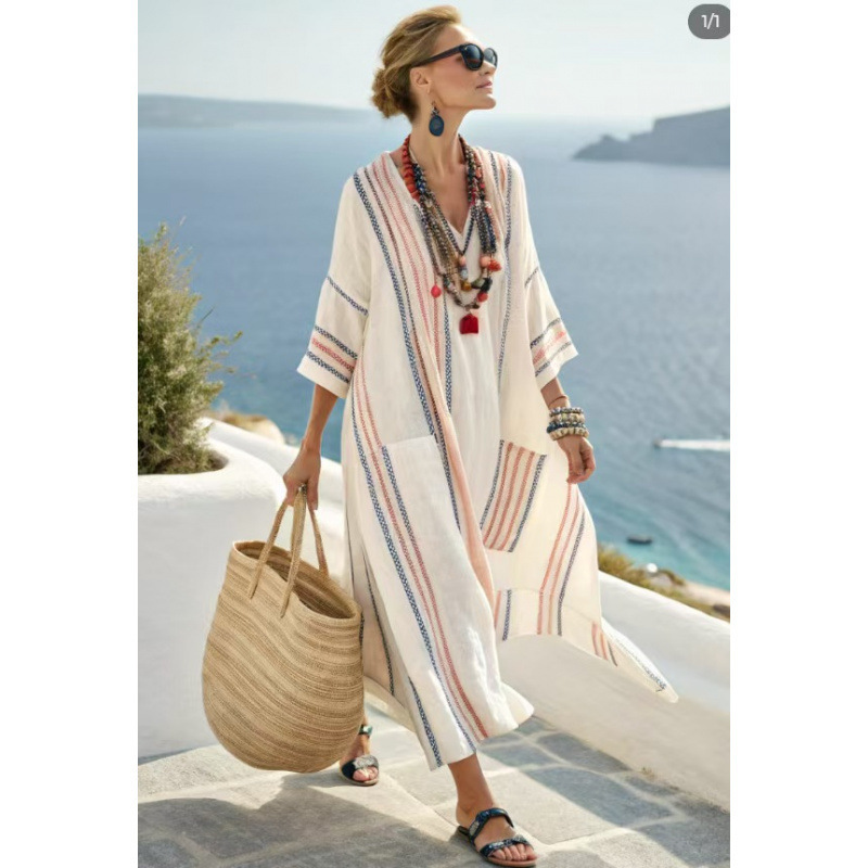 Beach Vacation Long Striped Embroidered Dress - Image 5