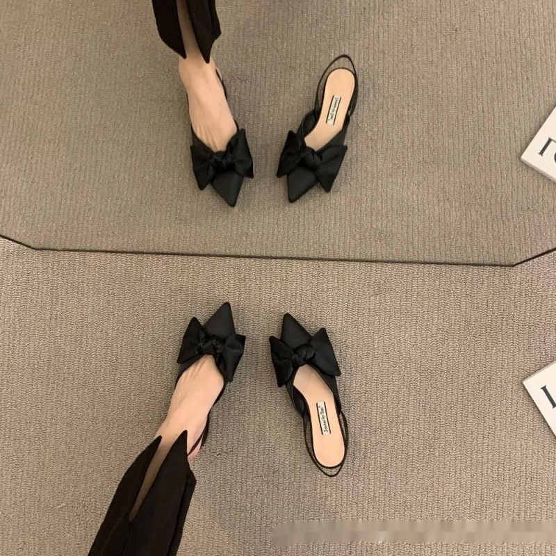 French-style Pointed-toe Bow-embellished Closed-toe Sandals For Women - Image 2