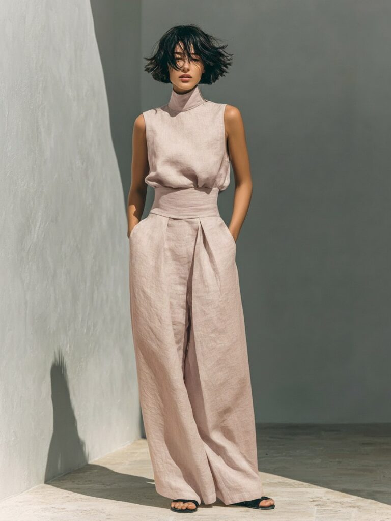 Womens Simple Cotton-Linen Blend Sleeveless Top And Wide-Leg Pants