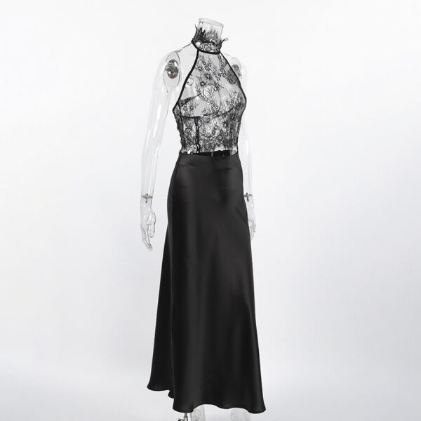 Black Lace Sheer Halter Top And Satin High-waisted Skirt Two-piece Set - Image 8