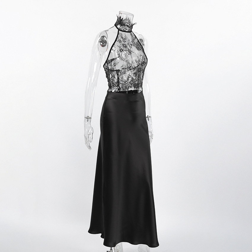 Black Lace Sheer Halter Top And Satin High-waisted Skirt Two-piece Set - Image 8