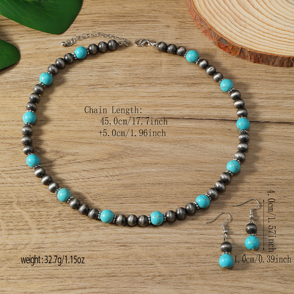 Cross-border New Earrings And Necklace 2-piece Set Fashion Turquoise Beaded Earrings And Necklace - Image 6