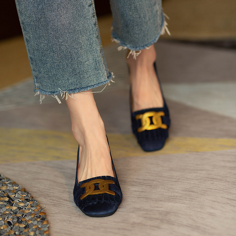 Square-toe Metal-buckle Chunky-heel Womens Shoes