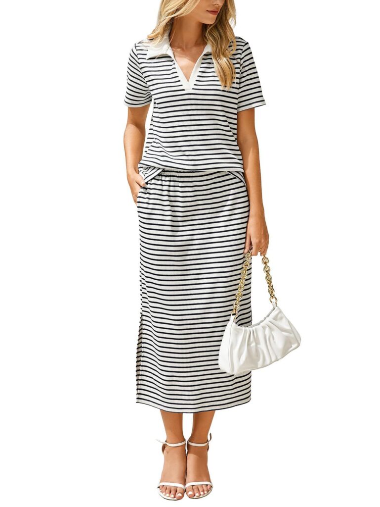 Womens Lapel T-shirt And Slit Skirt 2-piece Set