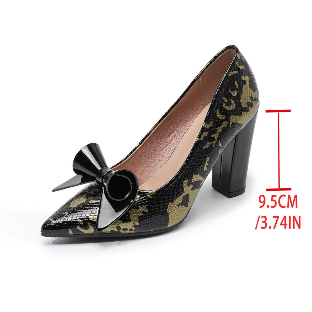 Pointed-toe Low-cut Floral Womens Pumps With A Bow And Chunky Heel
