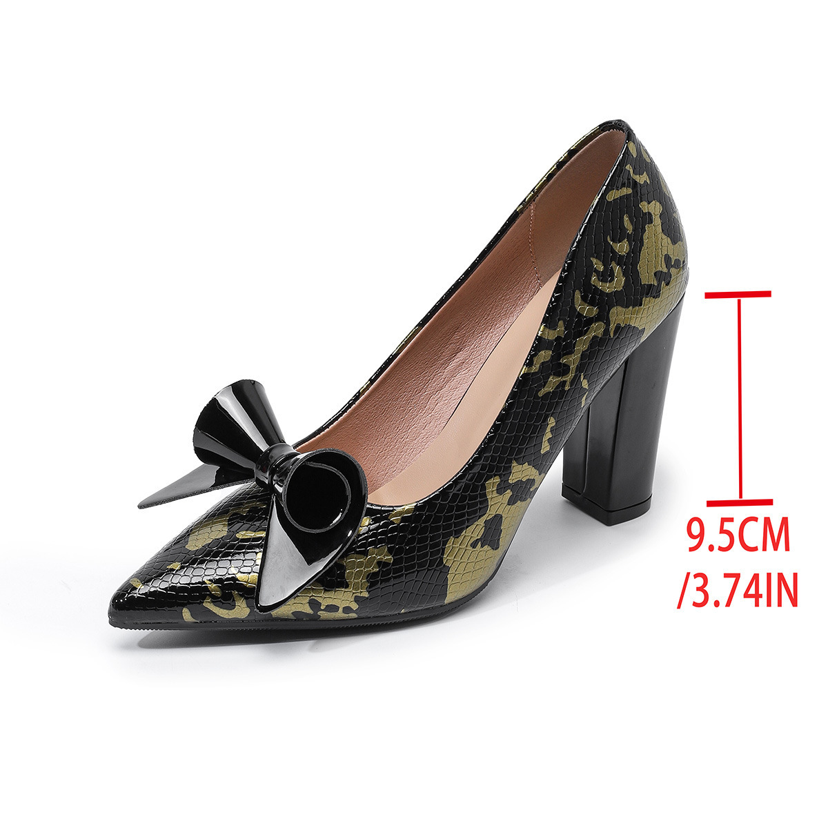 Pointed-toe Low-cut Floral Womens Pumps With A Bow And Chunky Heel - Image 3