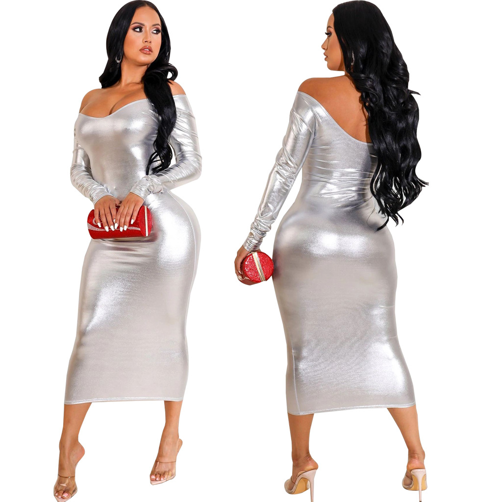 Fashionable Solid-Color Halterneck Off-Shoulder Womens Dress - Image 35
