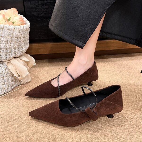 French Gentle Style Pointed Toe Kitten Heel Pumps With Rhinestone Strap - Image 7