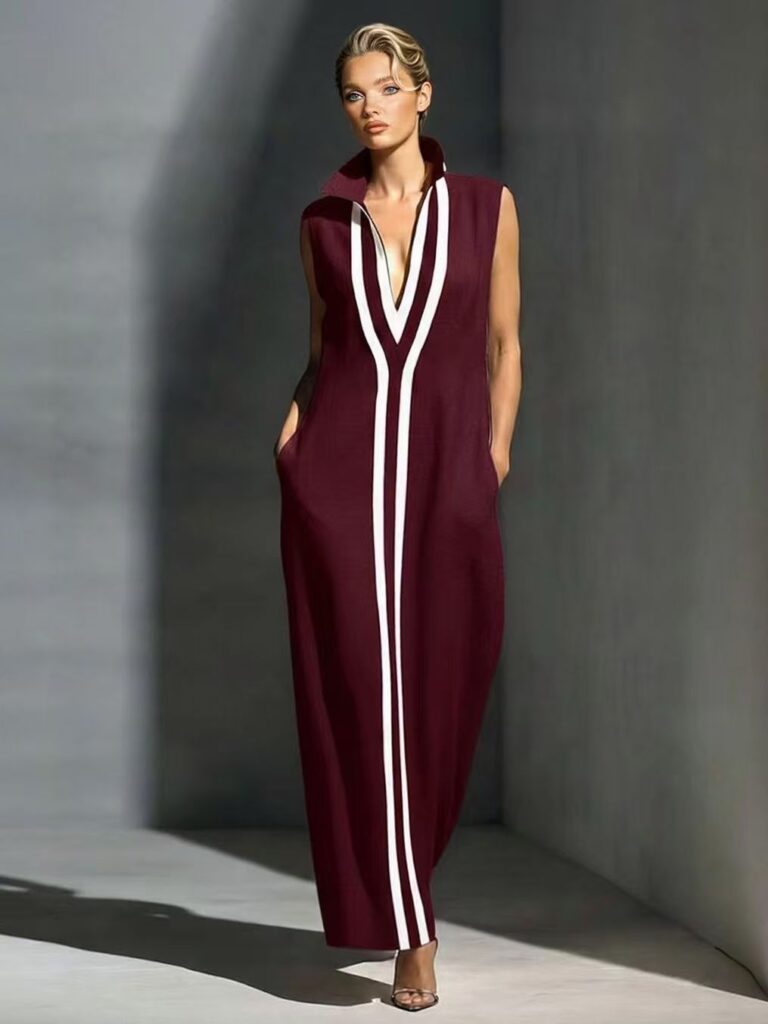 V-neck Sleeveless Contrast-striped Maxi Dress
