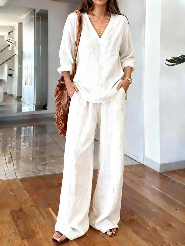Womens Washed Cotton Multi-Color V-Neck Pullover Long-Sleeve Top And Pants Set - Image 14