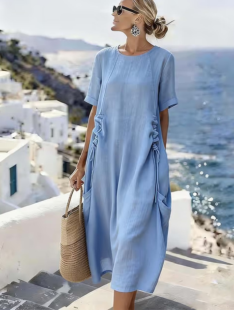 Womens Retro Waist-Cinched Drawstring Pocket Crew-Neck Short-Sleeve Dress - Image 4