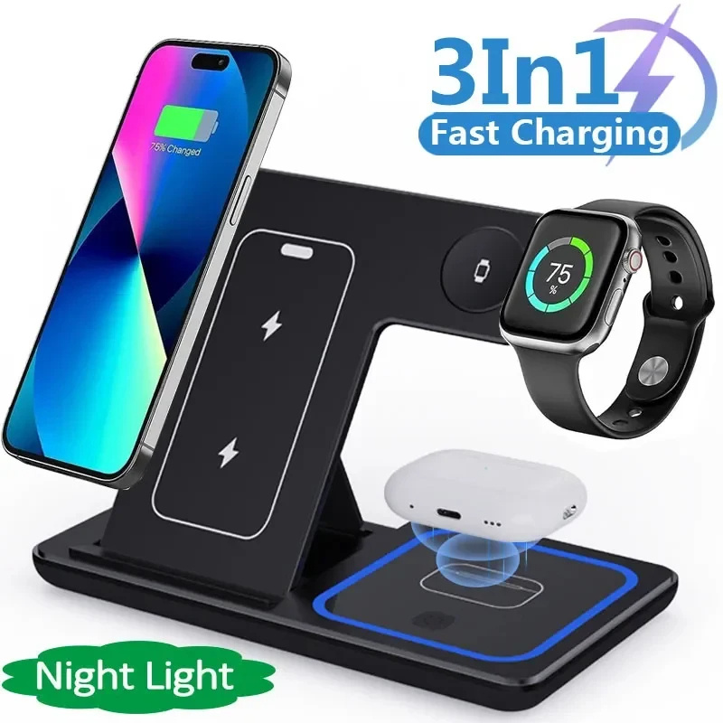 15W 3 In 1 LED Fast Wireless Charger Stand Foldable Charging Station For Smart Phone 15 14 13 12 11 IWatch 9 8 7 6 5 Airpods Pro - Image 1