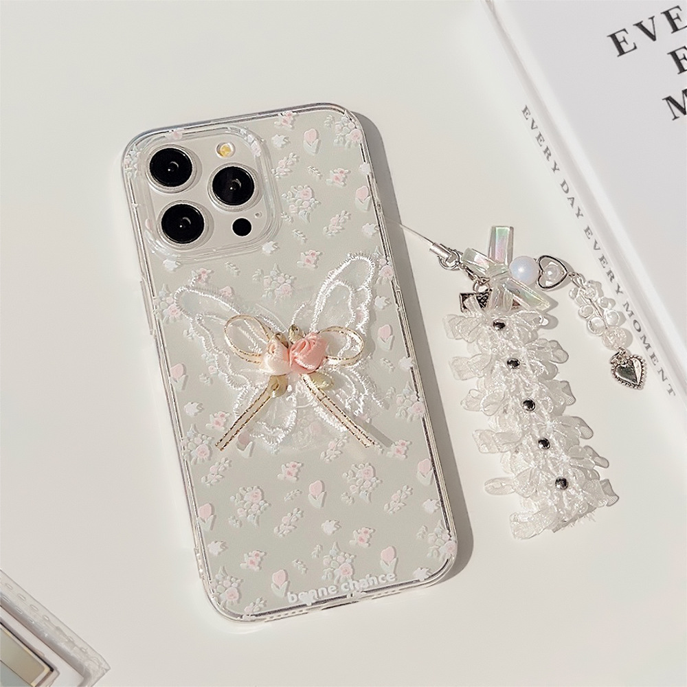 Aesthetic Embroidered Butterfly Flower Phone Case With A Transparent Lace Pendant - Image 12