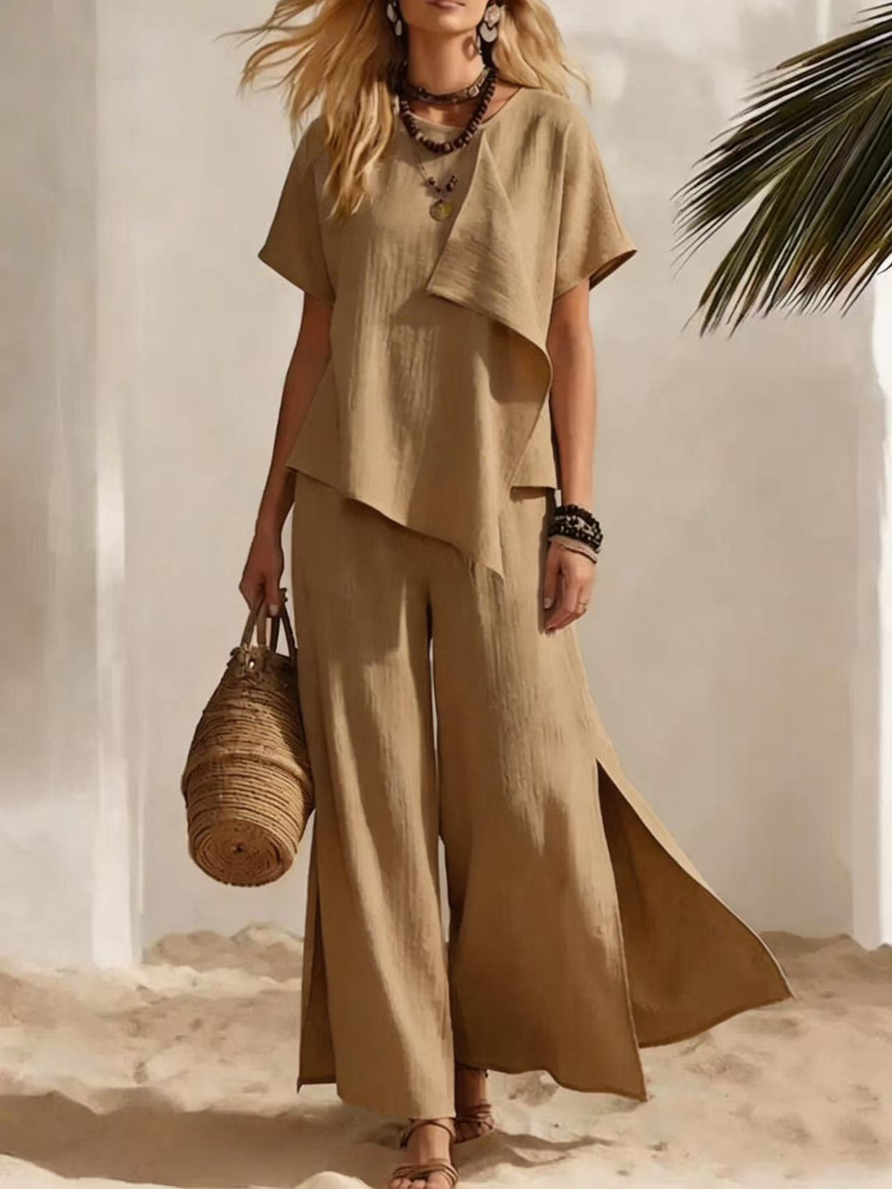 Casual Asymmetrical Short-sleeve Top And Slit Wide-leg Pants Set - Image 8
