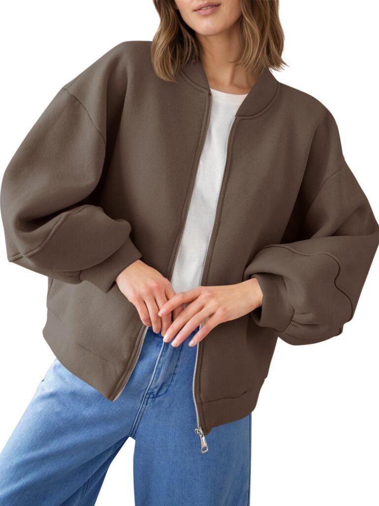 Fisoew Womens Zip Up Sweatshirt Casual Bomber Jacket Lantern Sleeve Oversized Jacket Fall Outfits 2025