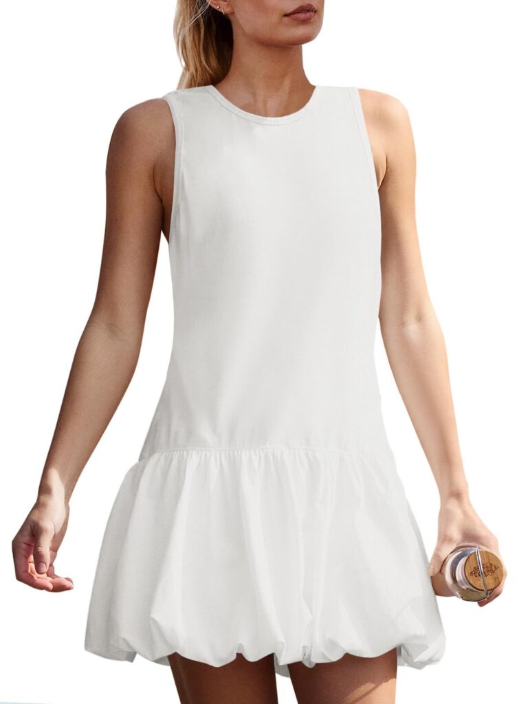 Fisoew Womens Athletic Dresses With Shorts & Pockets Backless Tennis Golf Mini Dress Bubble Hem Workout Active Outfits