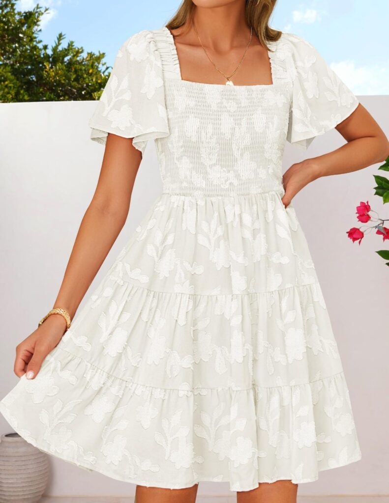 Short-sleeve Square-neck Flowy Floral Dress