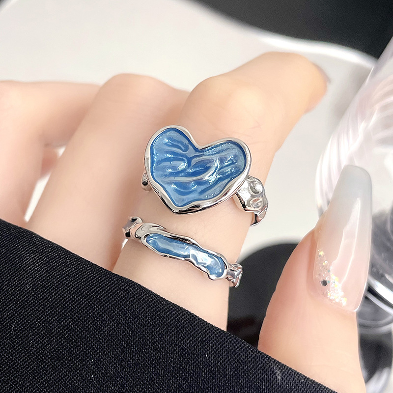 Dripping Glaze Texture Heart-shaped Adjustable Ring Set - Image 6