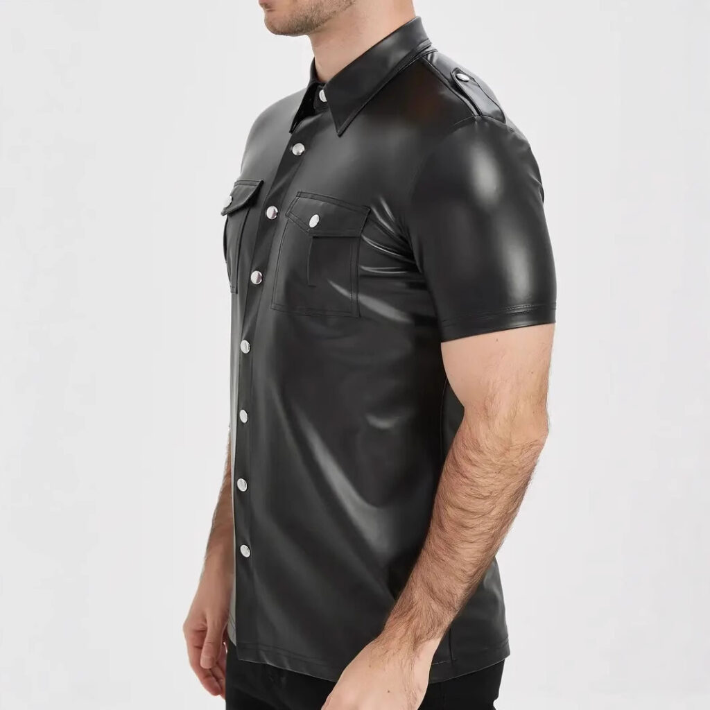European And American-style Summer Casual Mens Patent Leather Tight-fitting Short-sleeve Top