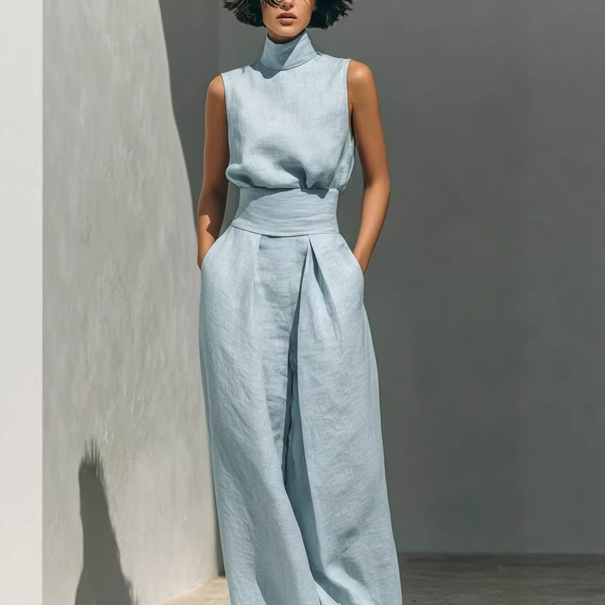 Womens Simple Cotton-Linen Blend Sleeveless Top And Wide-Leg Pants - Image 3