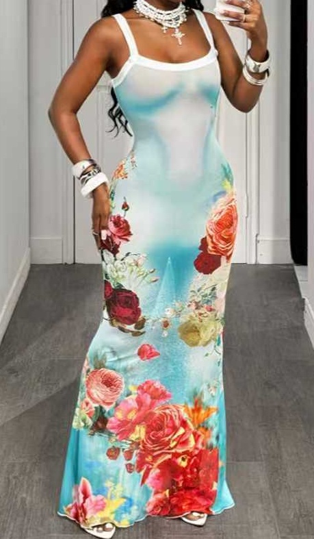 Resort-style Floral Print Sundress, Fitted Fishtail Dress For Women - Image 5