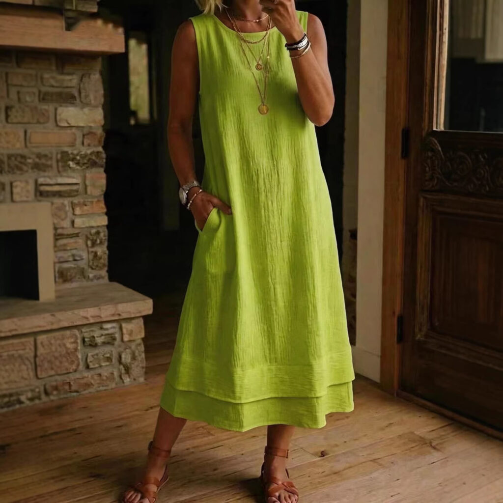 Women's Fashion Casual Cotton-Linen Crew-Neck Sleeveless Dress