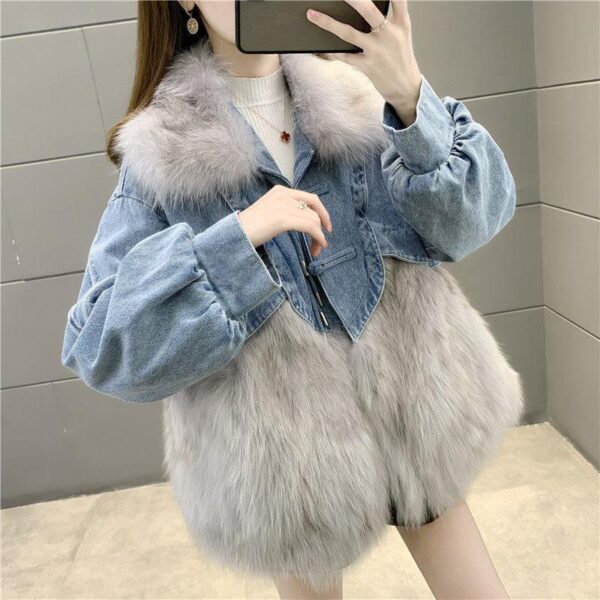 Denim Parka Womens Short Leather Faux Fox Fur Coat - Image 4