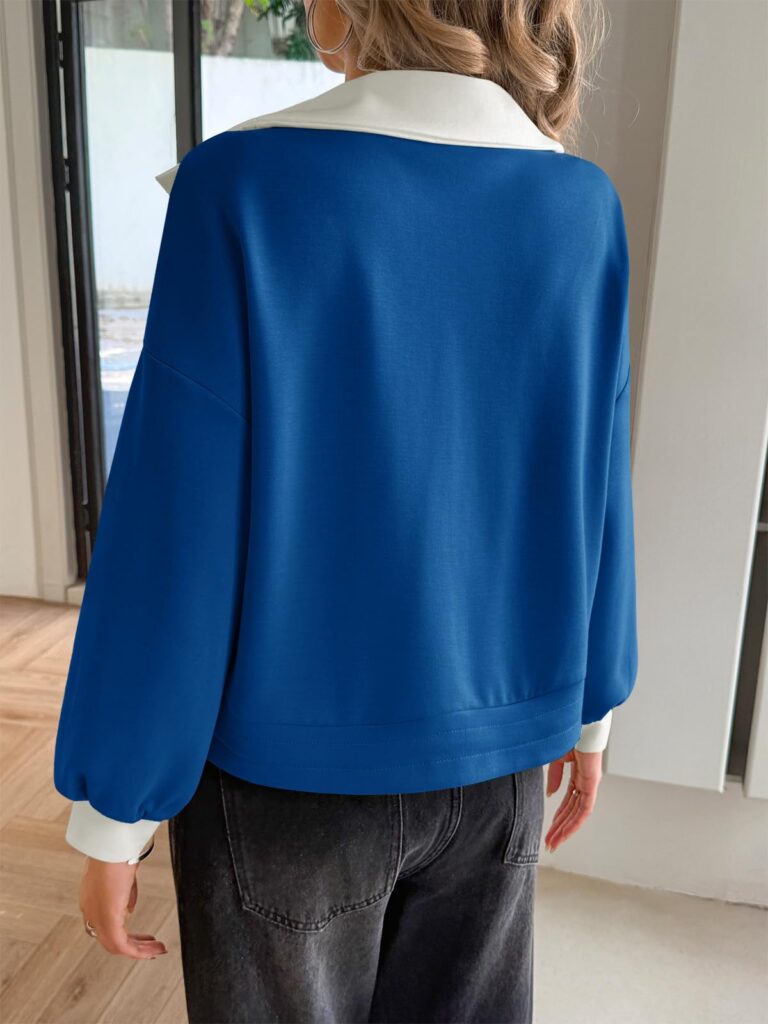 Fisoew Womens Cropped Oversized Sweatshirt Casual Lapel V Neck Long Sleeve Contrast Drawstring Loose Fit Fall Pullover Tops
