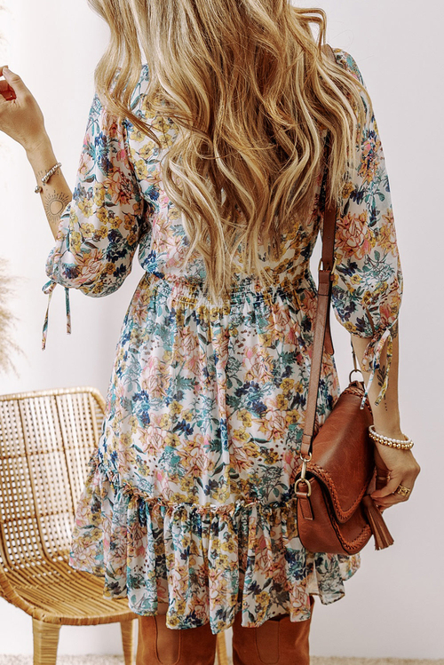 Floral 3/4 Sleeve V-Neck High Waist Ruffle Dress - Image 2