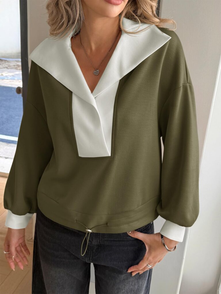 Fisoew Womens Cropped Oversized Sweatshirt Casual Lapel V Neck Long Sleeve Contrast Drawstring Loose Fit Fall Pullover Tops
