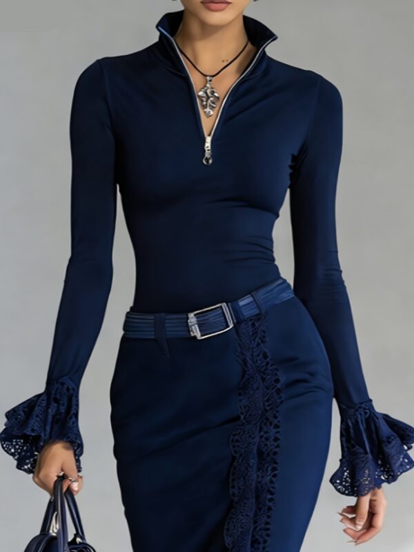 Lace-trimmed Stand-up Collar Zip-up Long-sleeved Top For Women - Image 28
