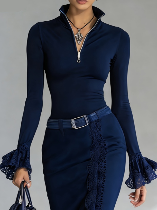 Lace-trimmed Stand-up Collar Zip-up Long-sleeved Top For Women - Image 4