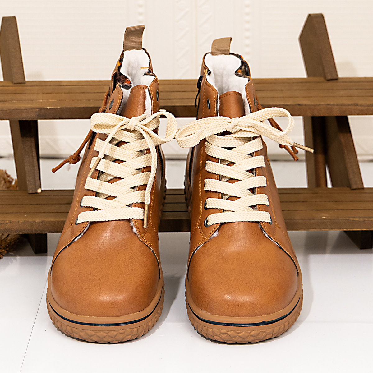 PU Casual Shoes With Front Laces, Winter Cotton Boots - Image 14
