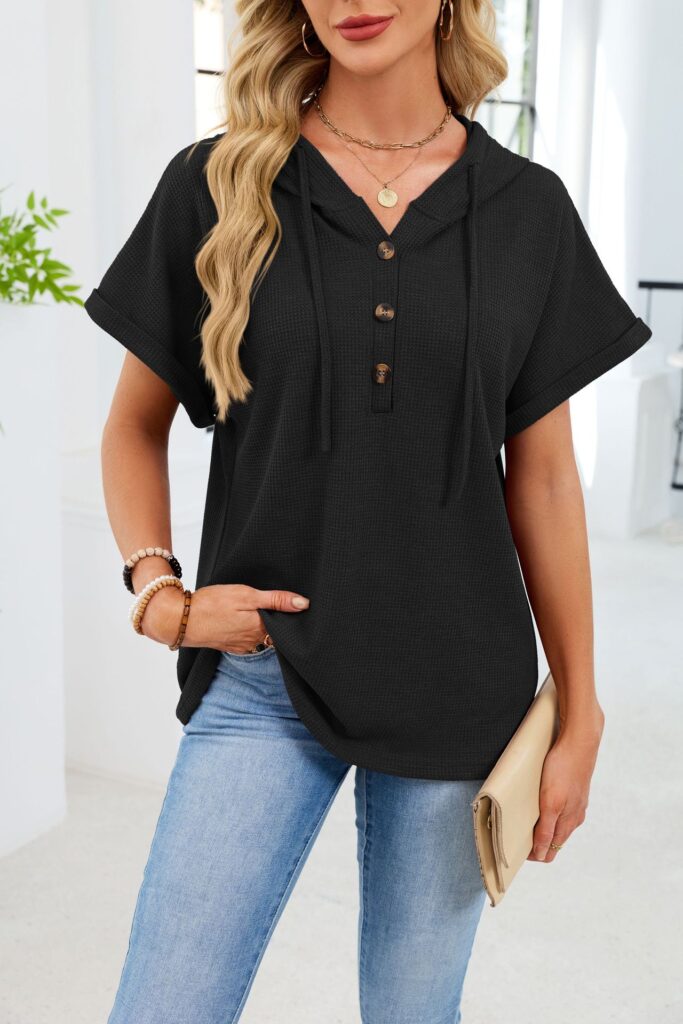 Womens Waffle-Weave Hooded Drawstring Short-Sleeve Top With Buttons