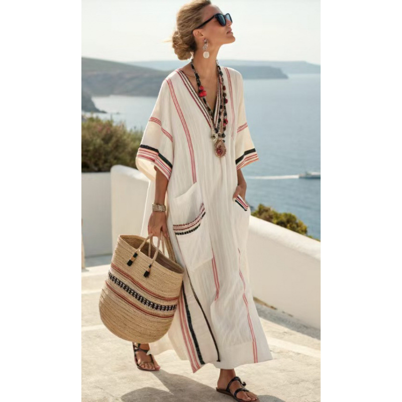 Beach Vacation Long Striped Embroidered Dress - Image 3