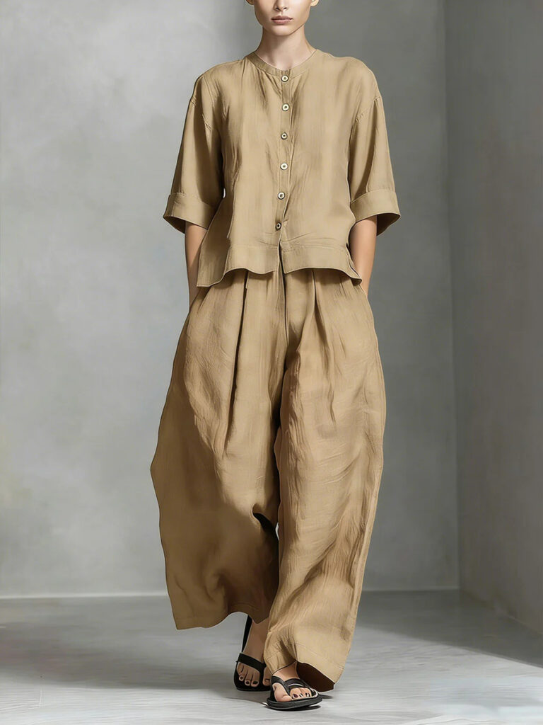 Solid-color Cotton-linen Shirt And Loose-fitting Trousers Two-piece Set