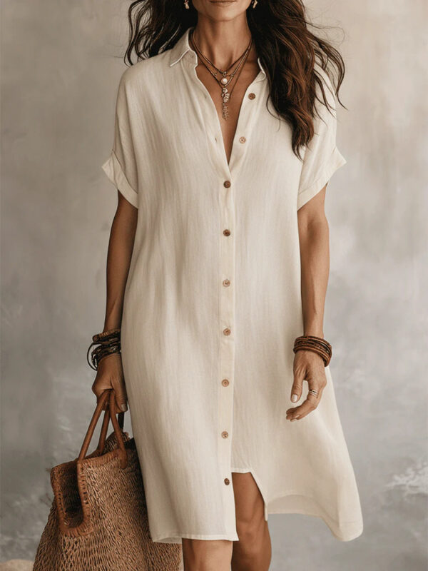 Women's Short-sleeve Buttoned Midi Shirt Dress - Image 10