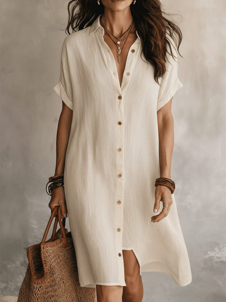 Women's Short-sleeve Buttoned Midi Shirt Dress