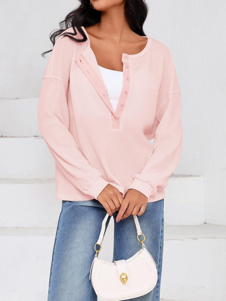 Fisoew Womens Cropped Sweatshirt Casual Waffle Knit Button V Neck Long Sleeve Loose Fit Fall Crop Tops