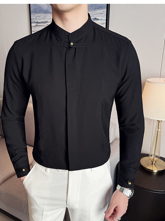 Men's Solid Color Stand Collar Long-sleeved Shirt - Image 15