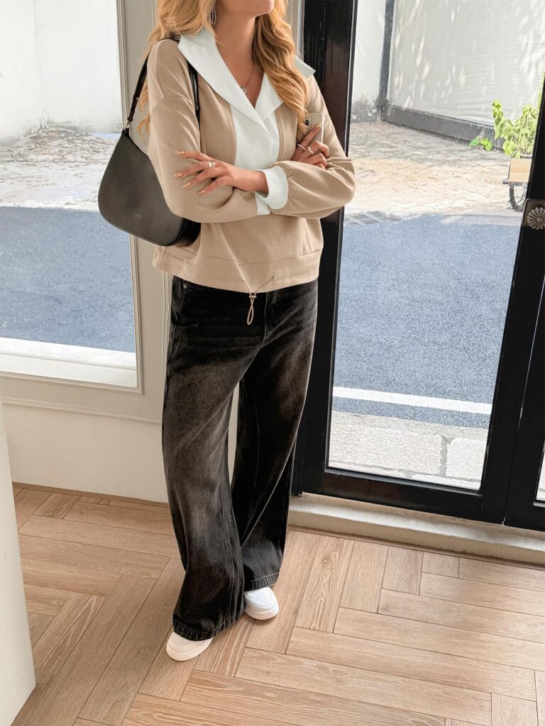 Fisoew Womens Cropped Oversized Sweatshirt Casual Lapel V Neck Long Sleeve Contrast Drawstring Loose Fit Fall Pullover Tops