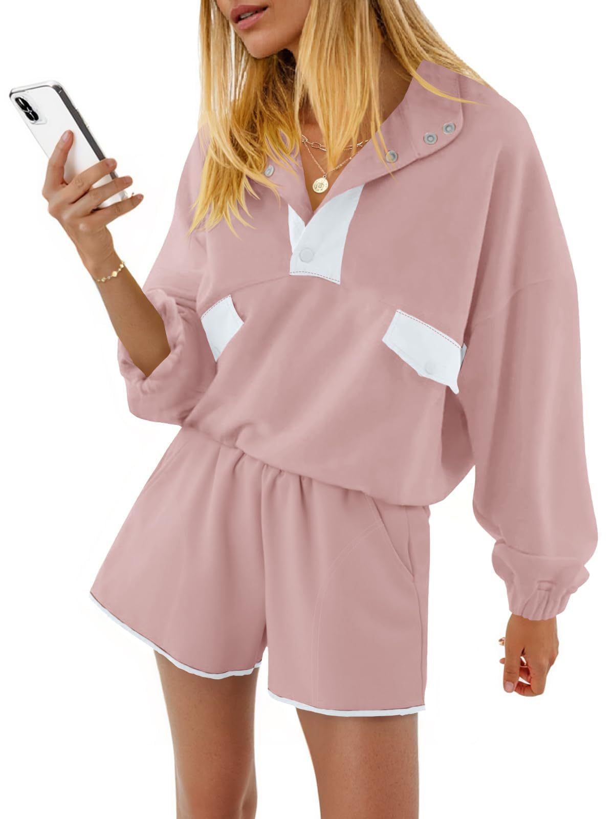 Fisoew Womens 2 Piece Sets Sweatsuits Casual Half Button Color Block Sweatshirts Running Shorts Tracksuits Fall Outfits - Image 7