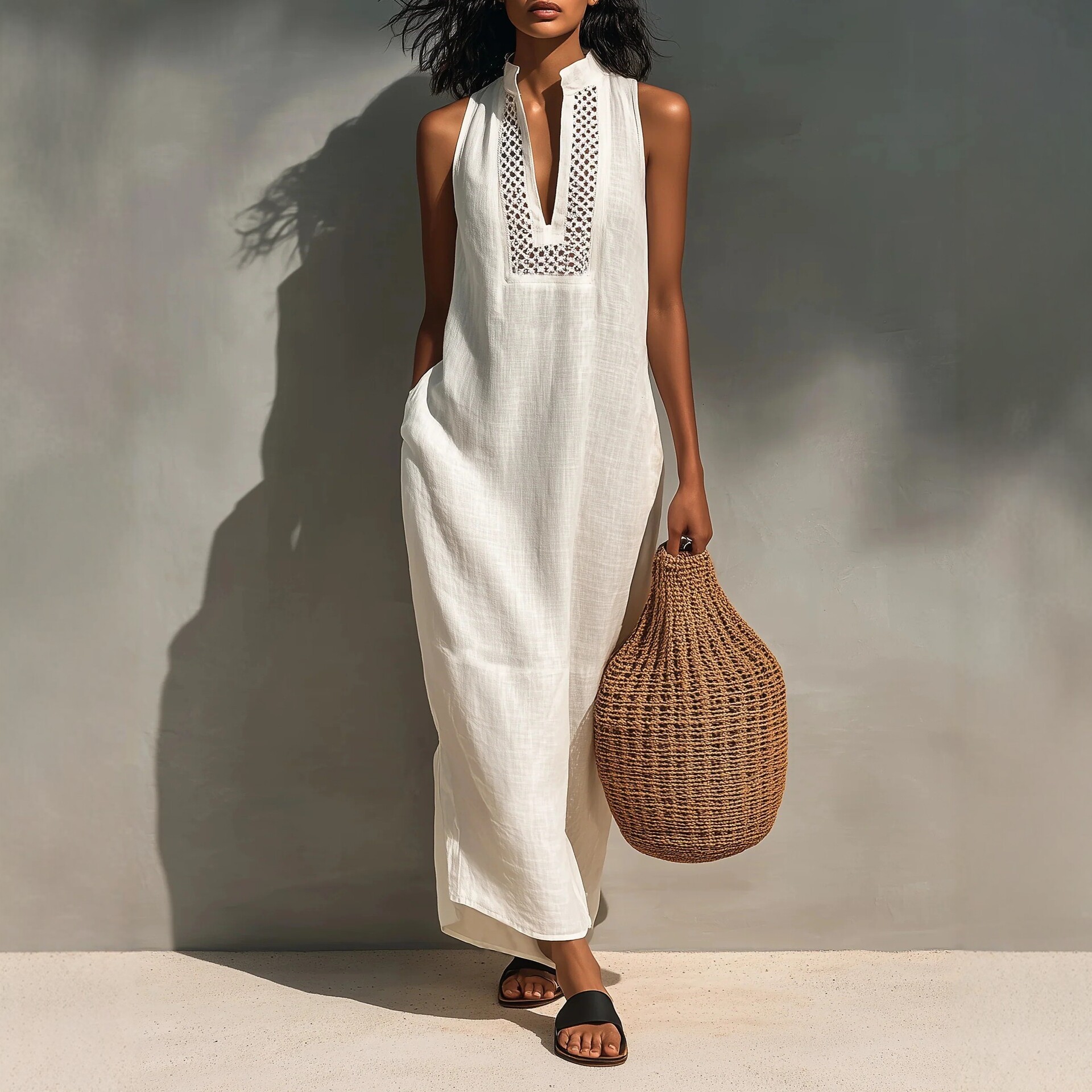 White Sleeveless Hollow-out V-Neck Long Loose Dress - Image 1
