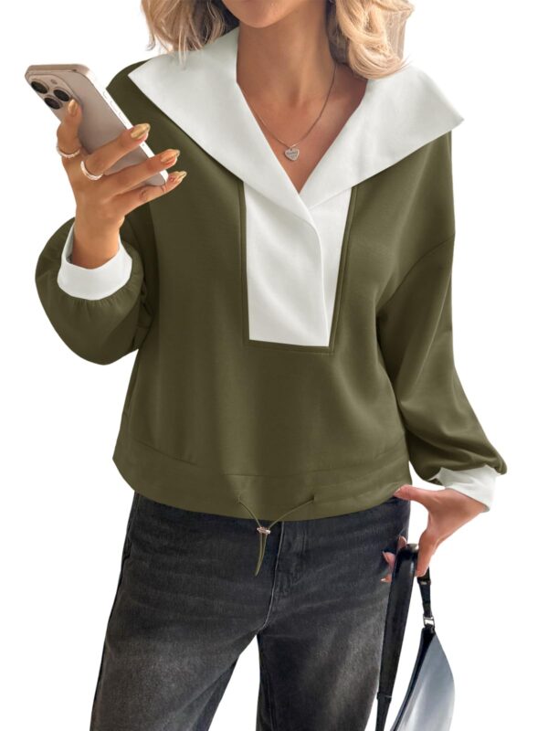 Fisoew Womens Cropped Oversized Sweatshirt Casual Lapel V Neck Long Sleeve Contrast Drawstring Loose Fit Fall Pullover Tops - Image 11