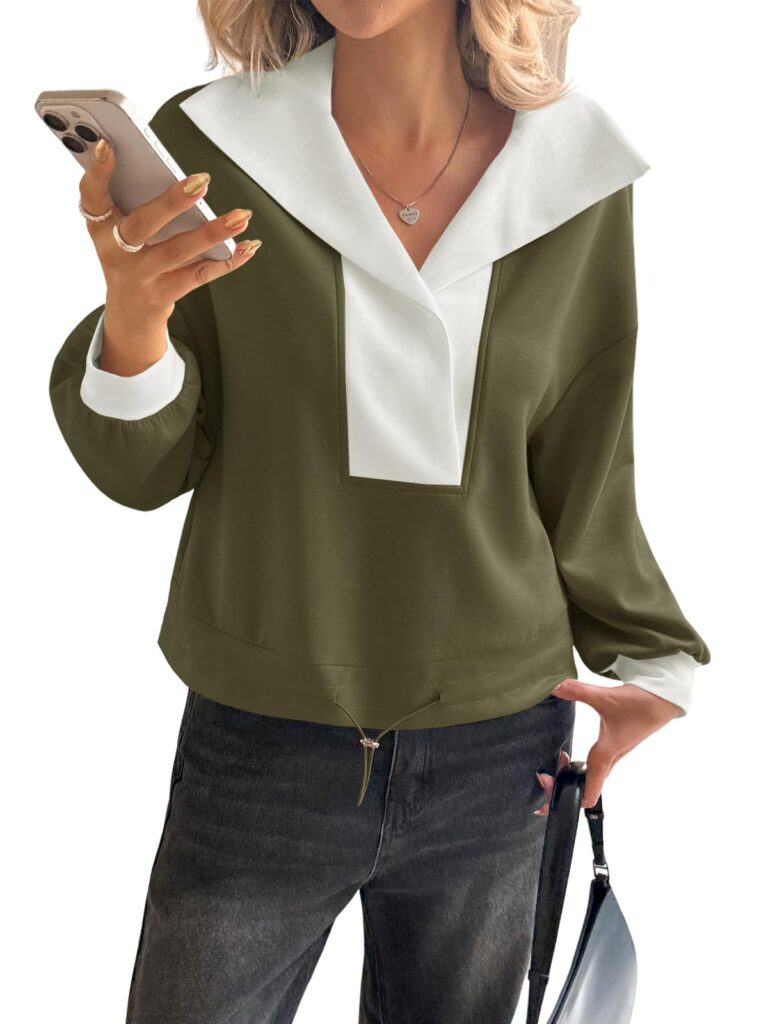 Fisoew Womens Cropped Oversized Sweatshirt Casual Lapel V Neck Long Sleeve Contrast Drawstring Loose Fit Fall Pullover Tops
