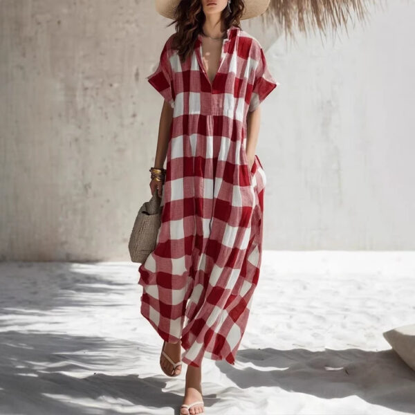 Plaid V-neck Long Cotton-Linen Dress - Image 2